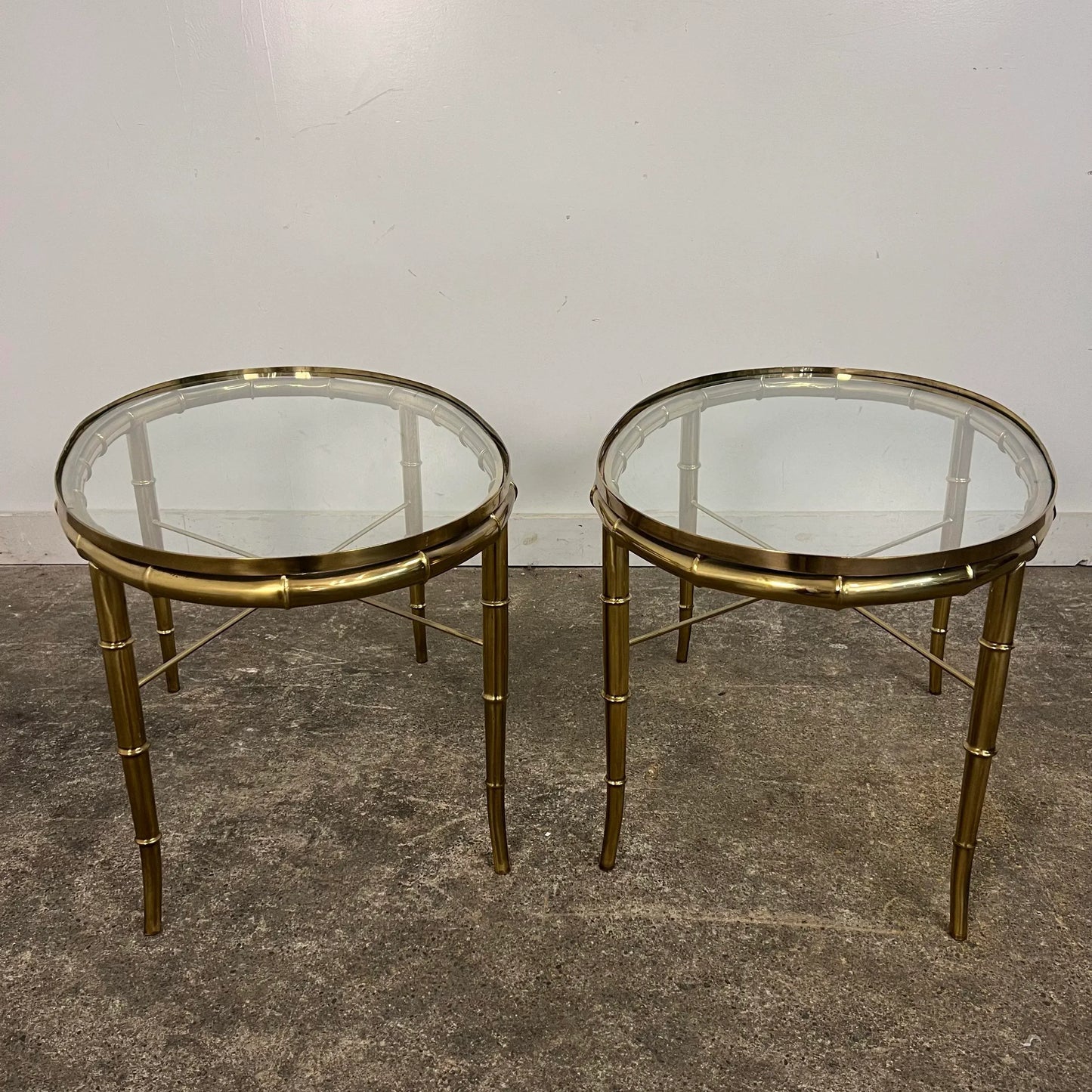 Pair of Faux Bamboo Brass Glass Oval Mastercraft End Tables