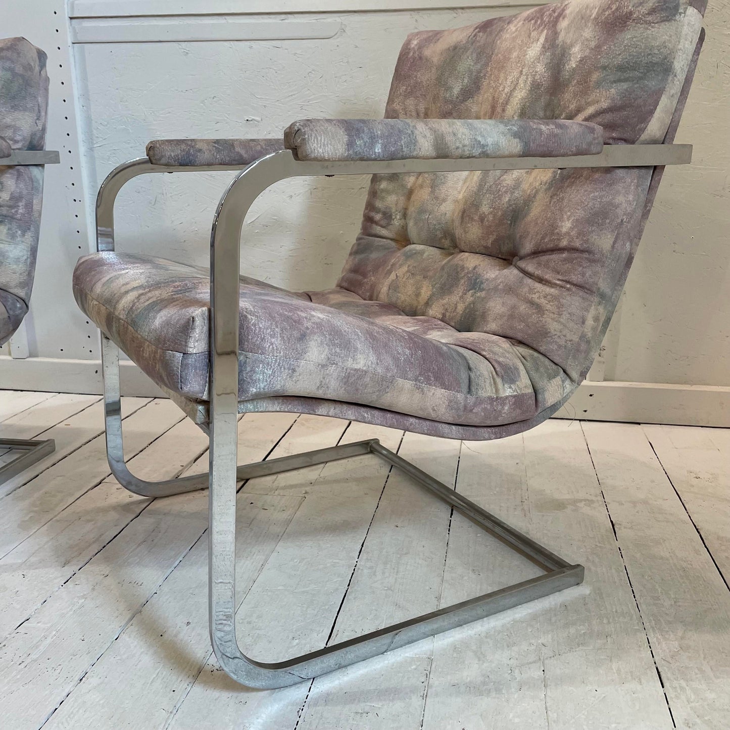 Vintage Milo Baughman Style Chrome Cantilevered Club Chairs - a Pair