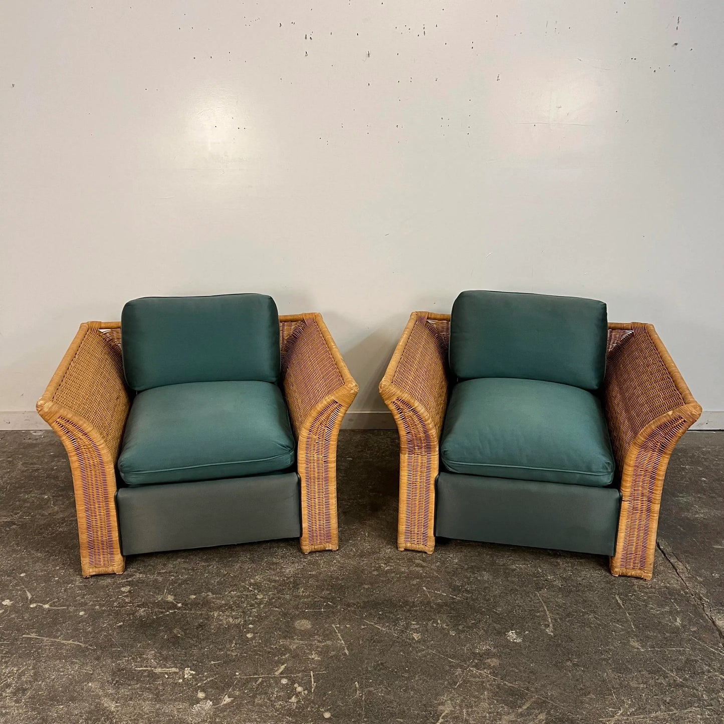 Pair of Large Cube Wicker Lounge Club Chairs