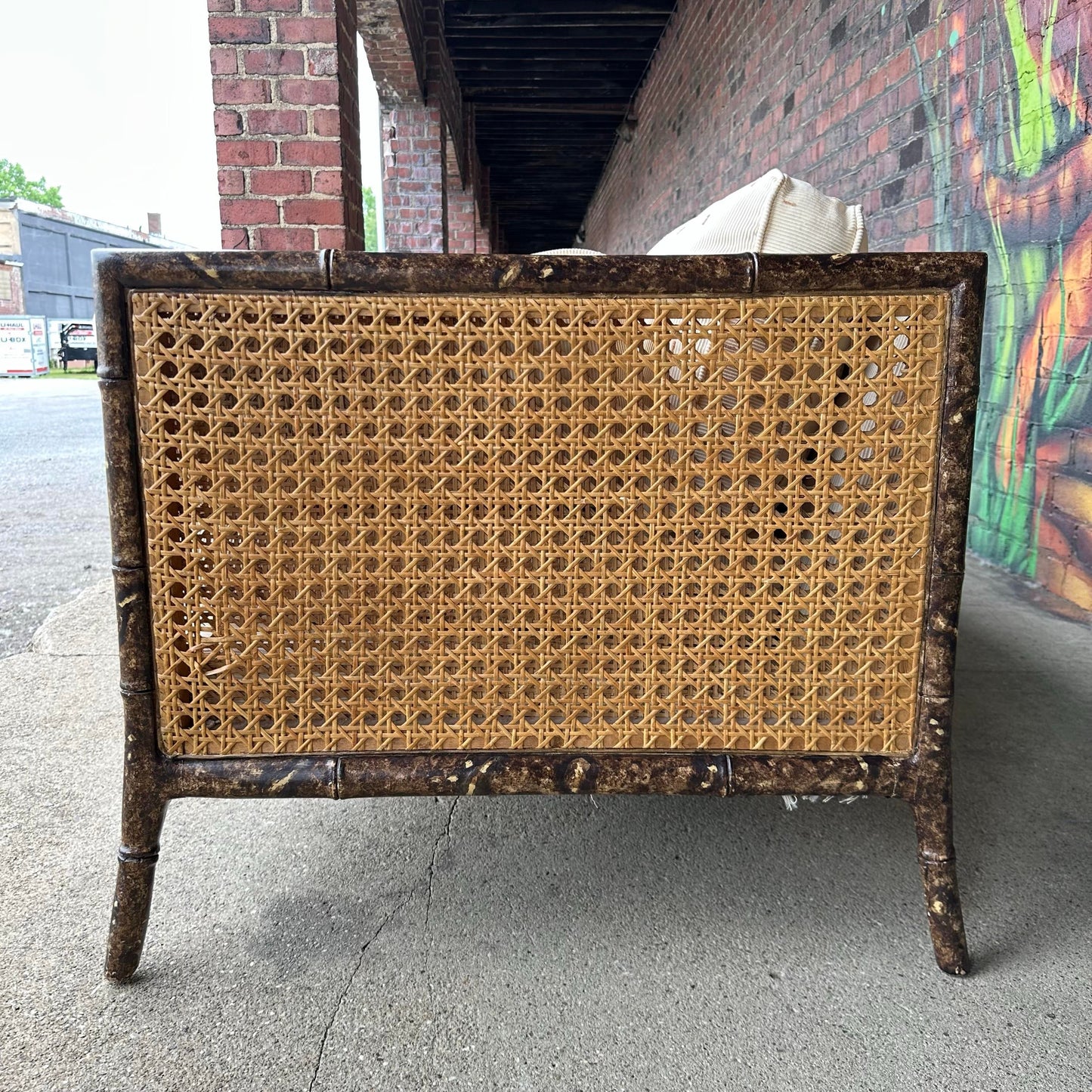 Vintage Faux Bamboo Sofa With Caned Arms in Style of Robsjohn Gibbings Mid-Century Modern