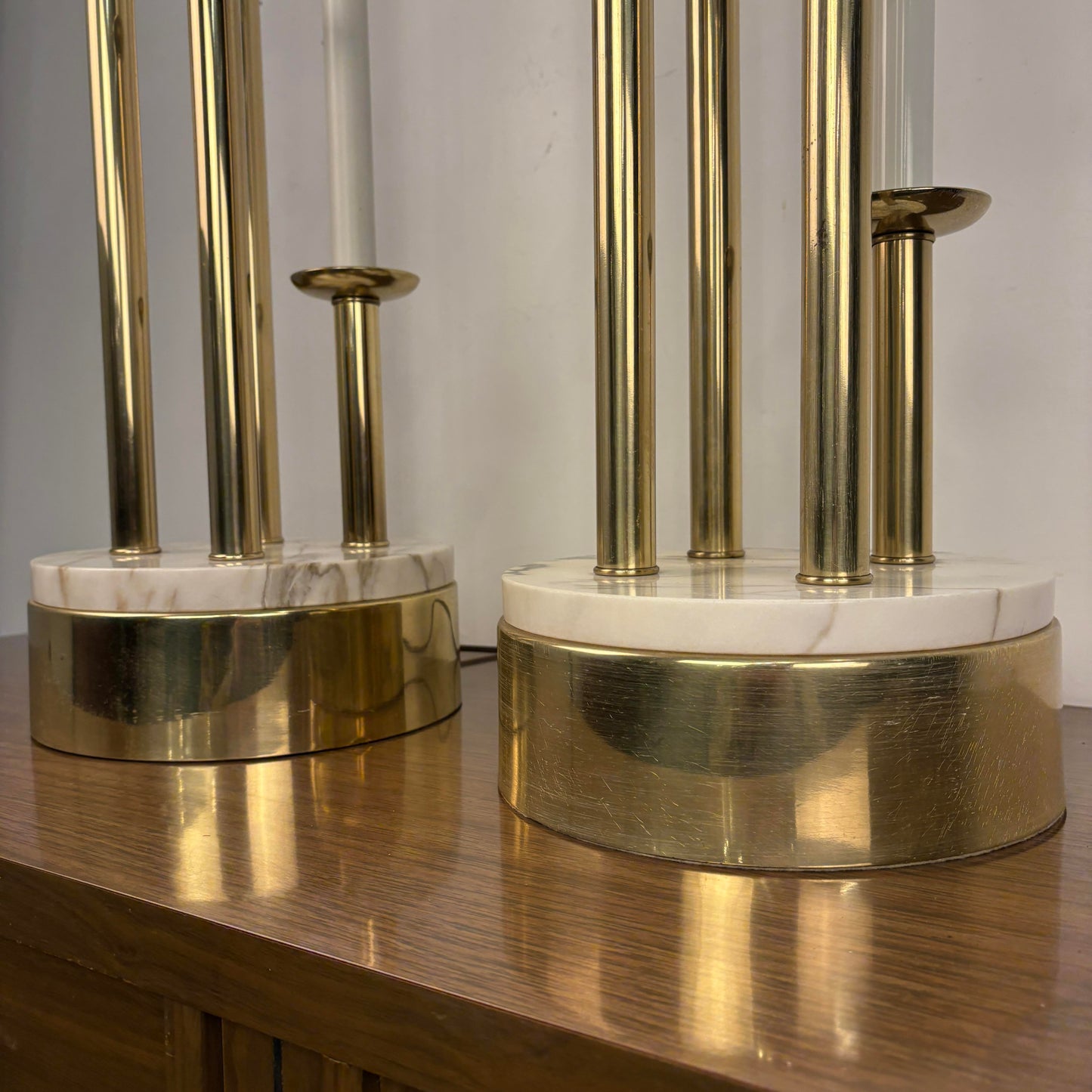 Pair of Colonial Premier Tall Brass and Marble Candelabra Style Table Lamps in the Style Tommi Parzinger