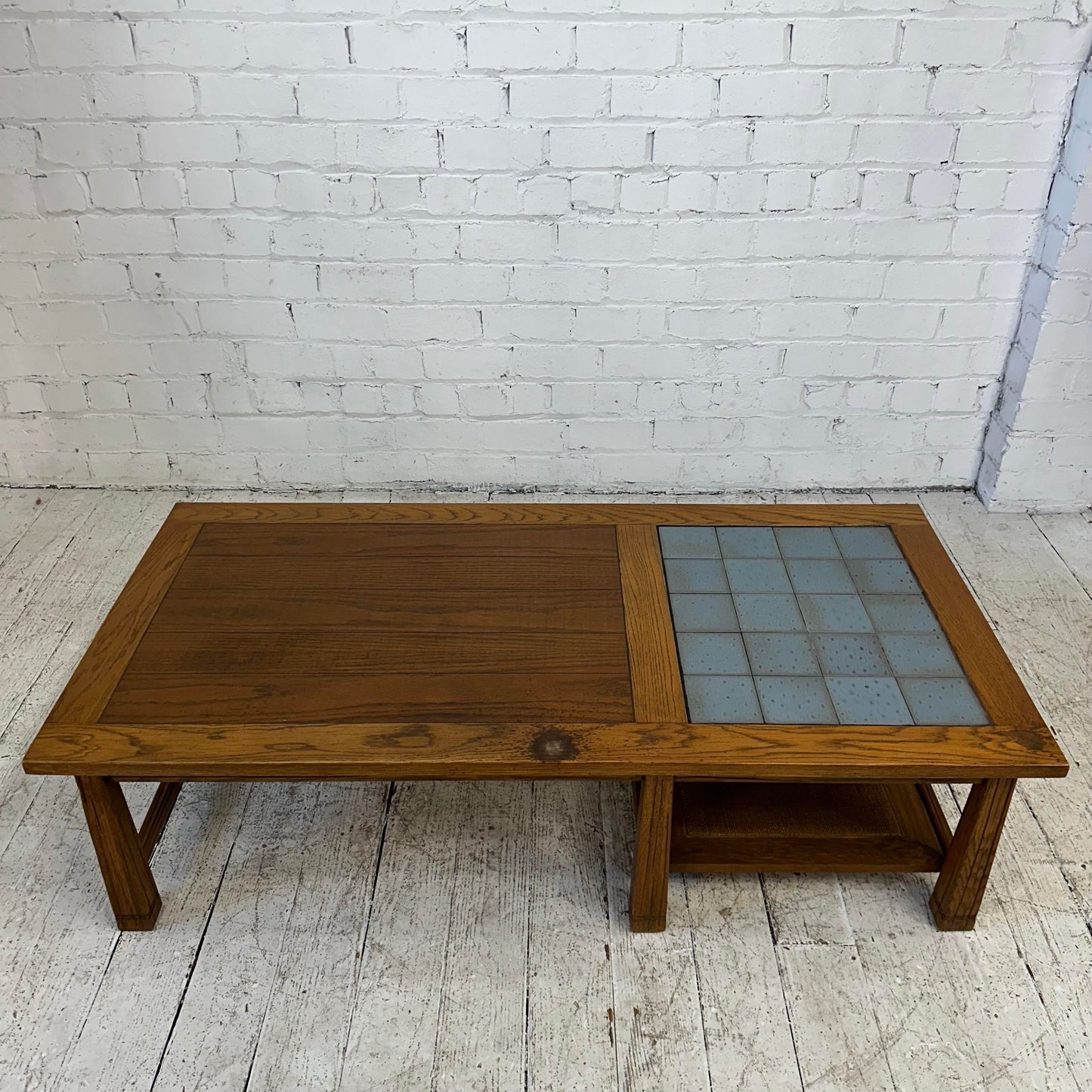 Ranch Oak Coffee Table Rectangle With Blue Tile Top