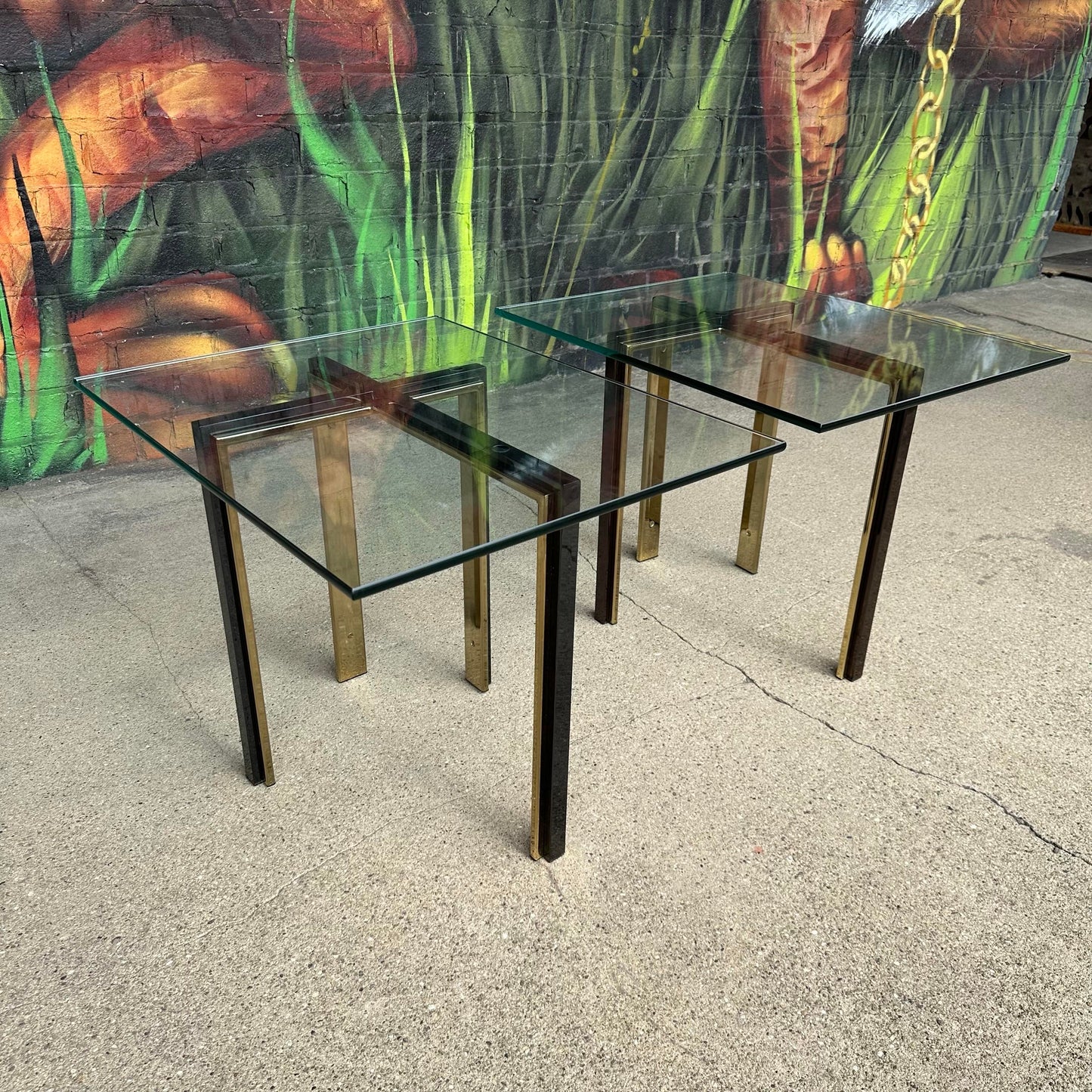 Pair of Glass and Brass and Smoked Chrome Solid Steel Side Tables