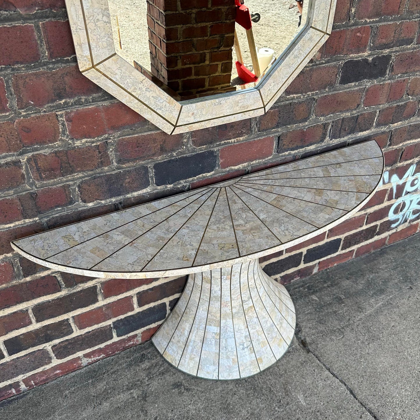 Post-Modern Travertine Vanity and Mirror Set Console Table Maitland Smith