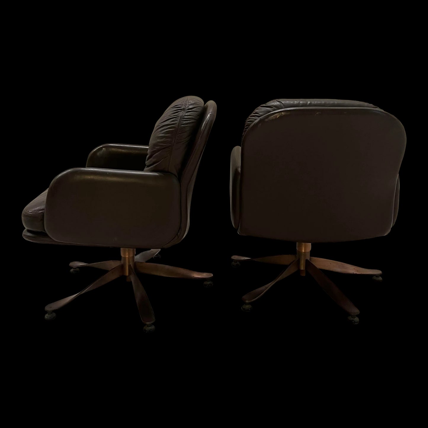 Brown Leather and Brass Propeller Base Arm Chairs by Mueller Furniture