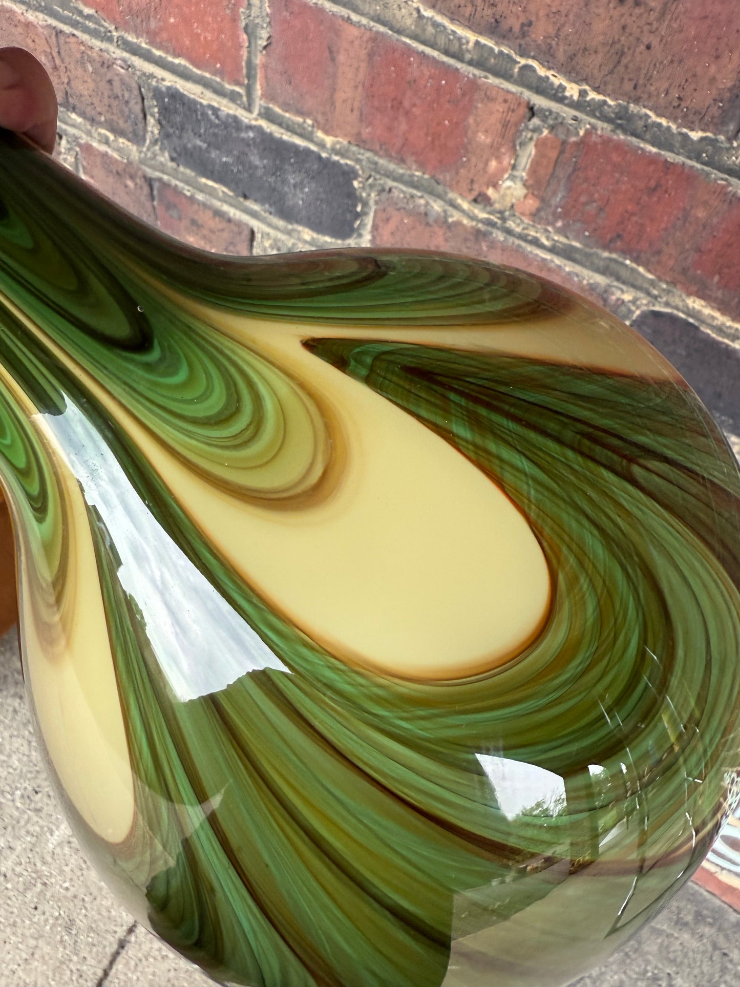 Vintage Tall Green Cream and Brown Swirled Art Glass Floor Vase 29”