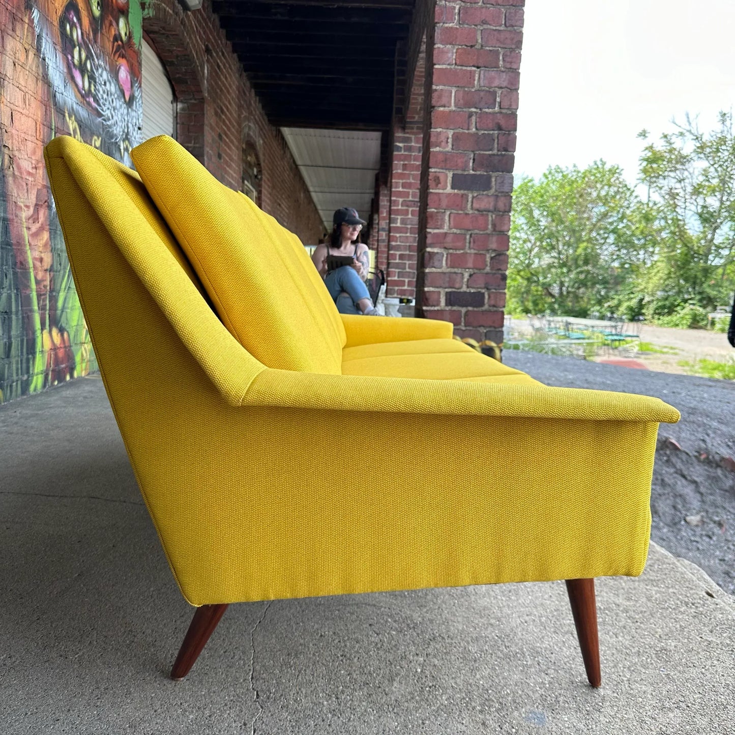 Reupholstered and Refinished Yellow Dux Sofa