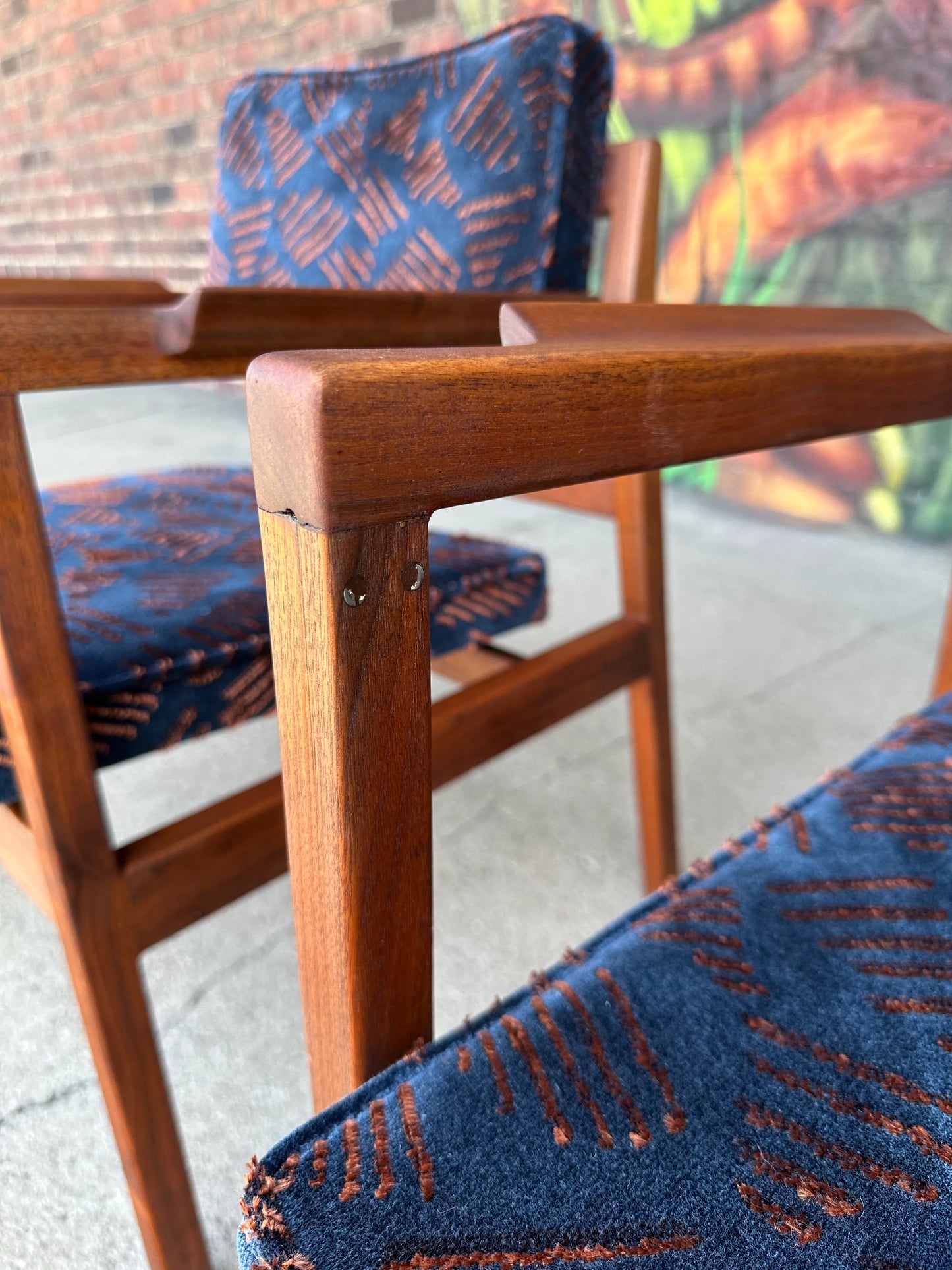 Pair of Walnut Jens Risom Arm Chairs in Jack Lenor Larsen Fabric