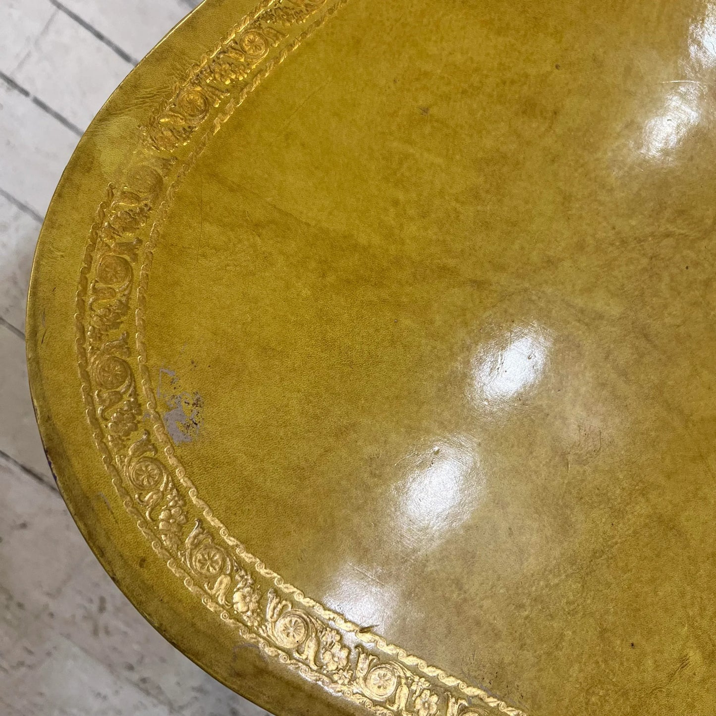 European Yellow Leather Wrapped Dining Table with Gold Trim