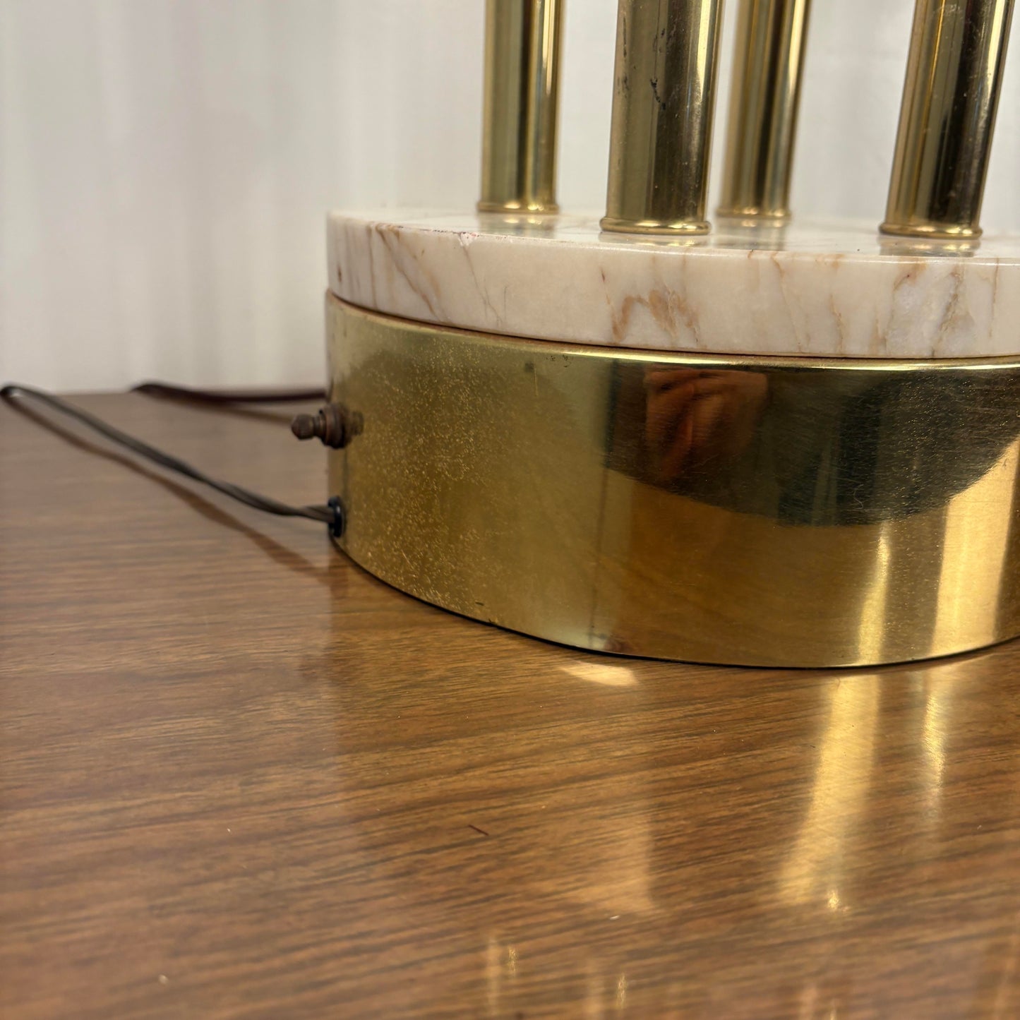 Pair of Colonial Premier Tall Brass and Marble Candelabra Style Table Lamps in the Style Tommi Parzinger