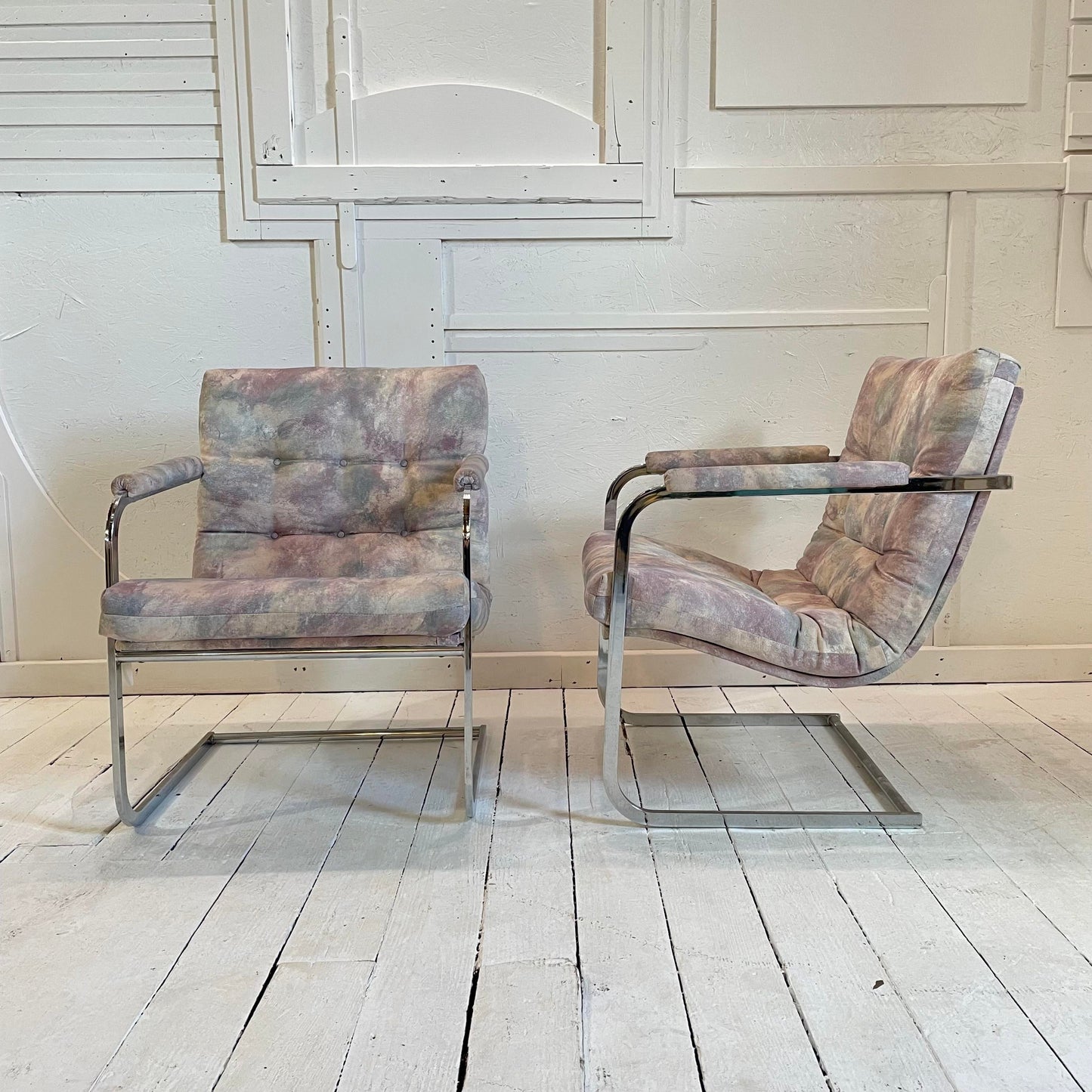 Vintage Milo Baughman Style Chrome Cantilevered Club Chairs - a Pair