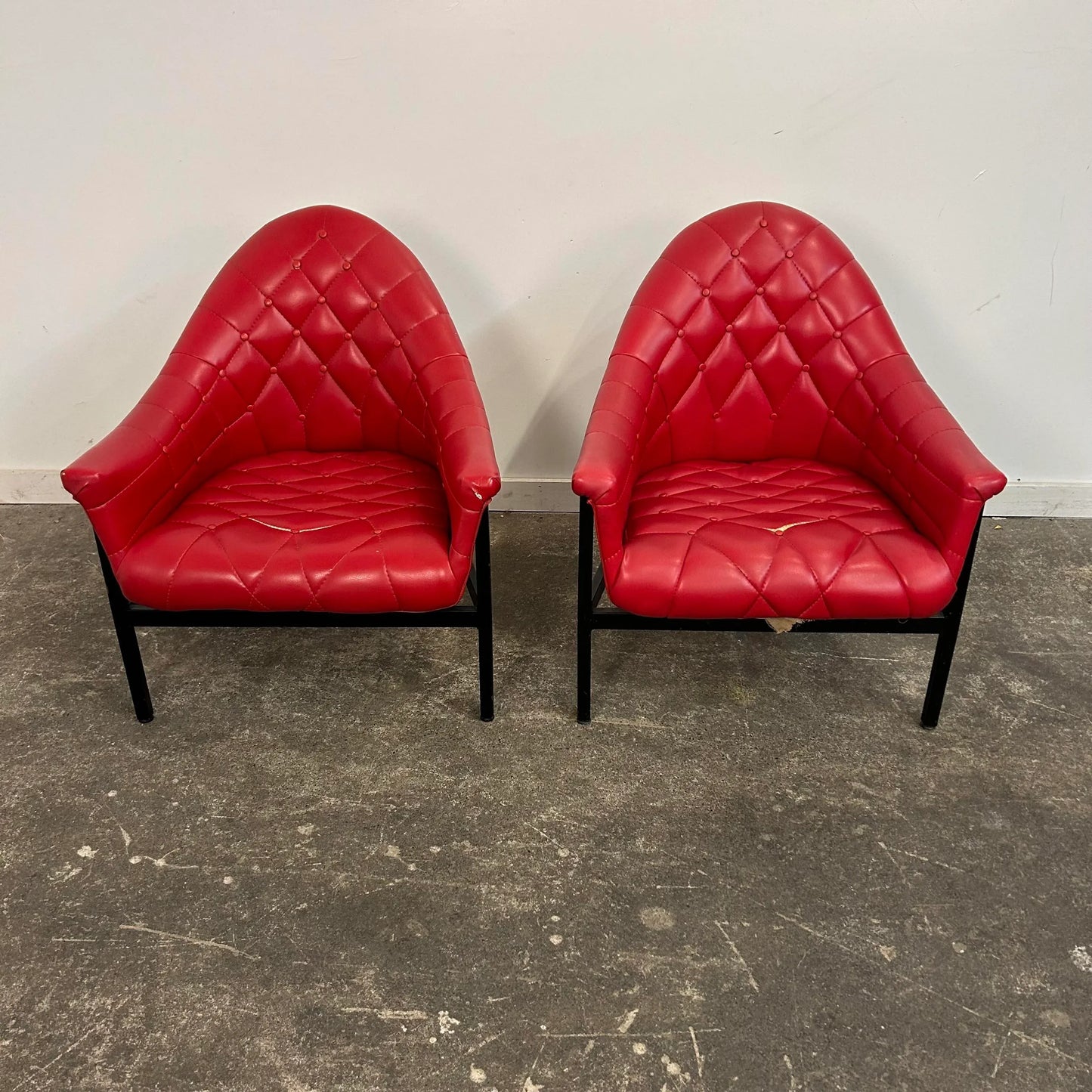 Red Vinyl Tufted Lounge Chairs Styled After Milo Baughman by Frank and Son