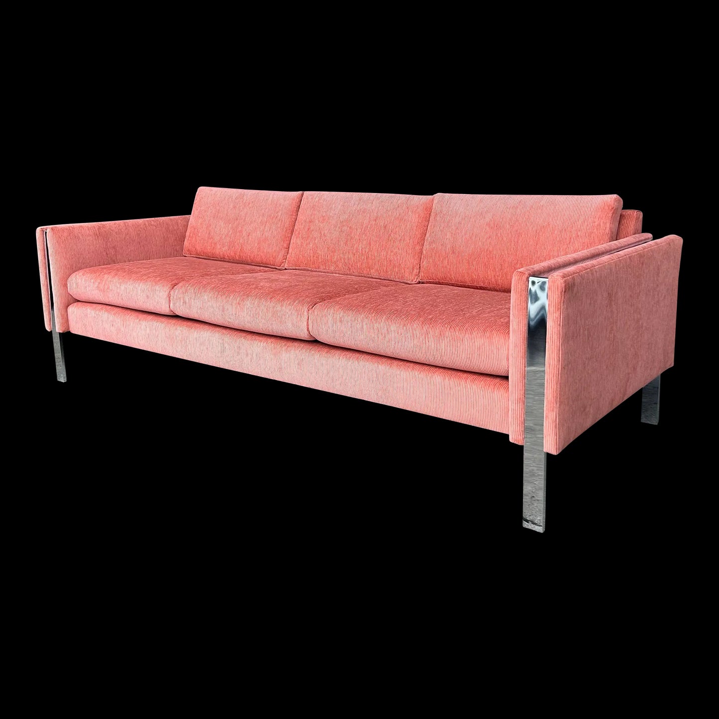 Reupholstered Milo Baughman Style Chrome Sofa in Crypton Salmon Corduroy