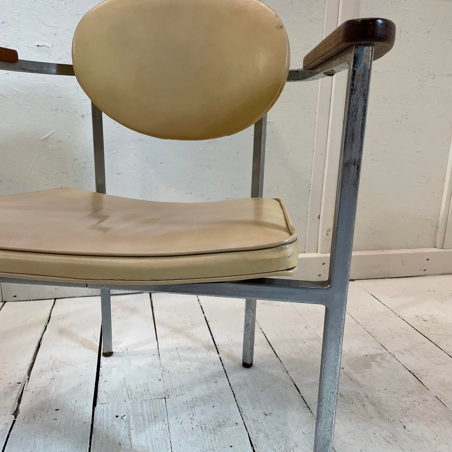 Mid 20th Century Metal Frame Chairs With Wood Arms - a Pair