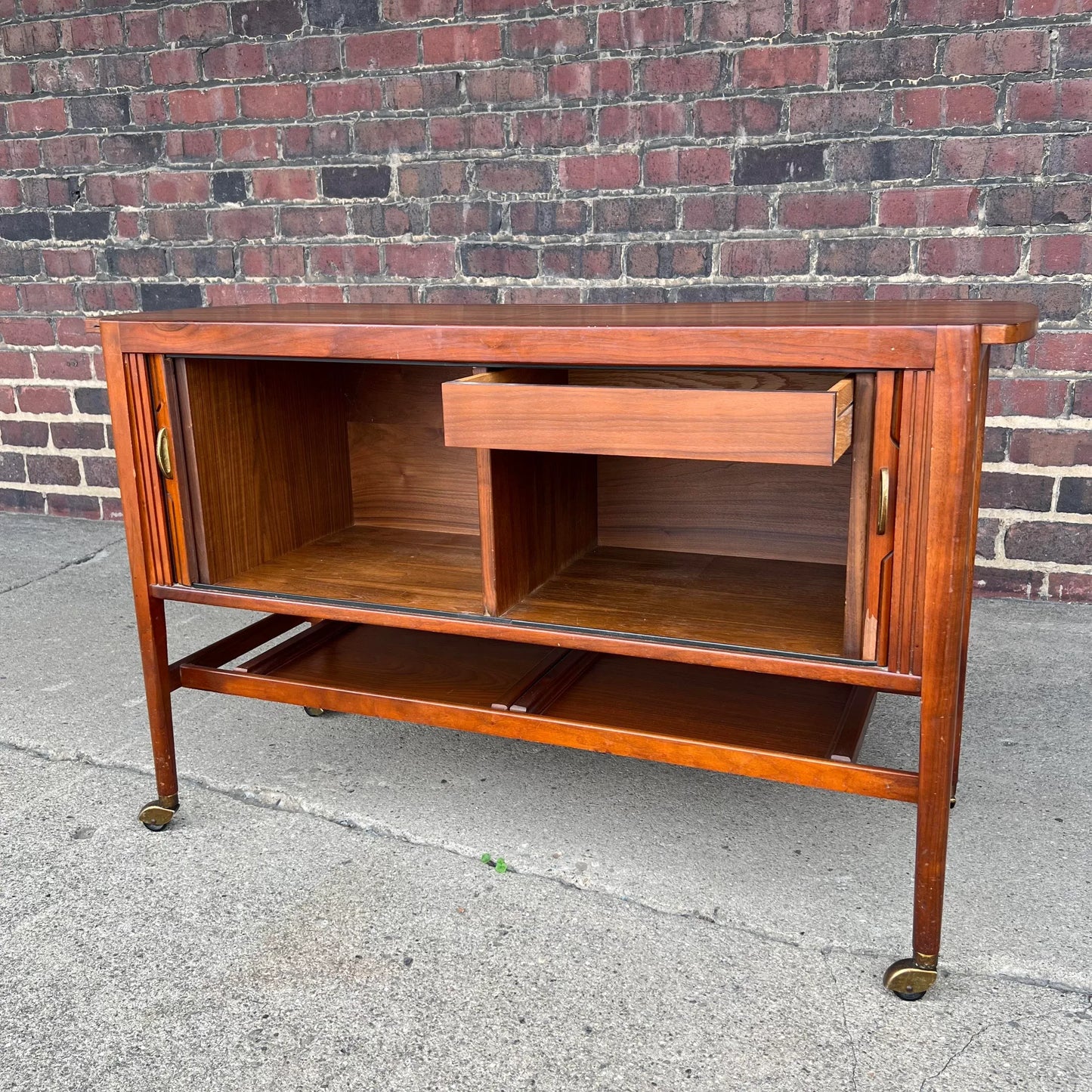 Kipp Stewart for Drexel Declaration Tambour Door Bar Cart Mid Century