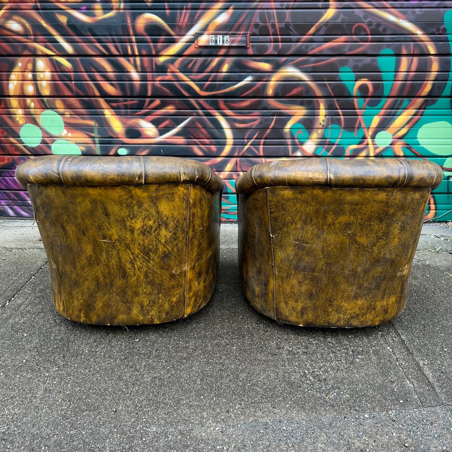 Pair of Ward Bennett Brown Leather Chairs on Casters