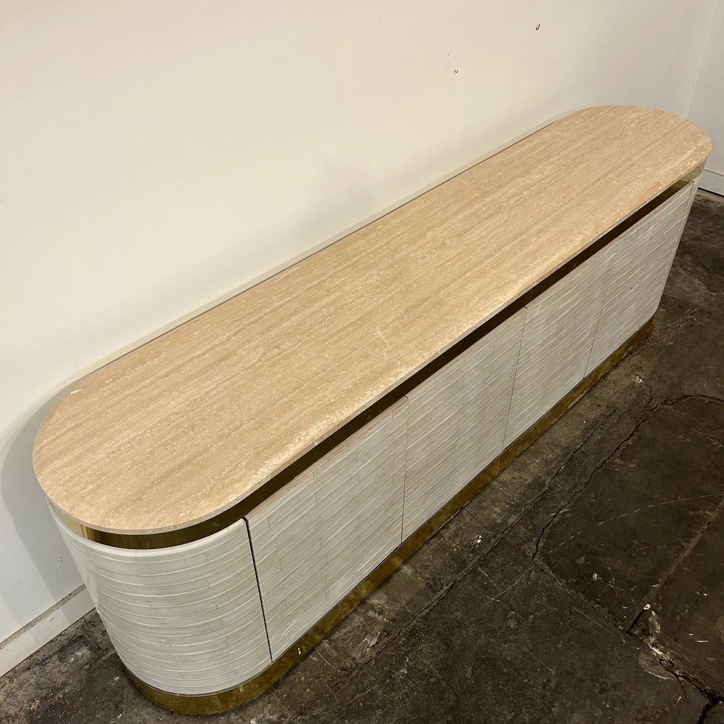 Karl Springer Leather Wrapped Marble Top Two Sided Credenza