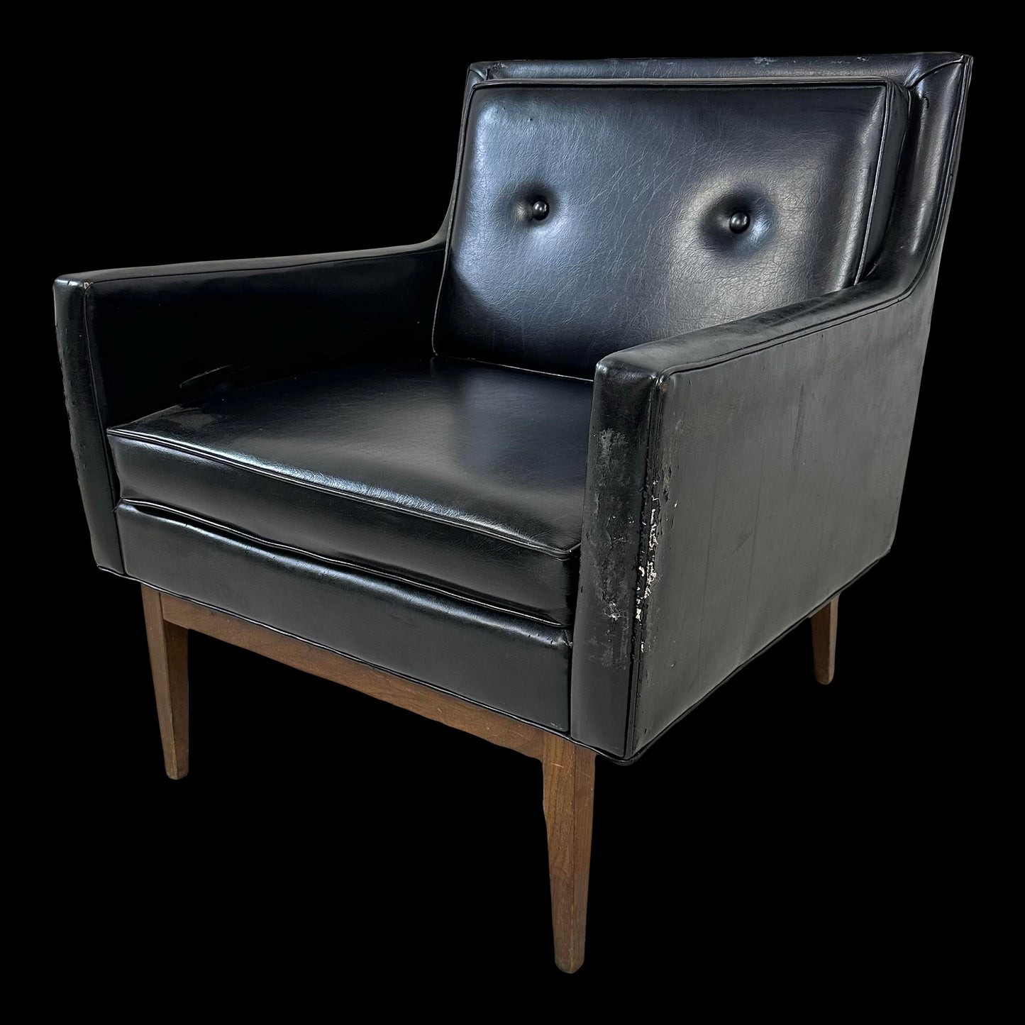 Mid Century Modern Black Vinyl Lounge Chair With Walnut Base Milo Baughman Style