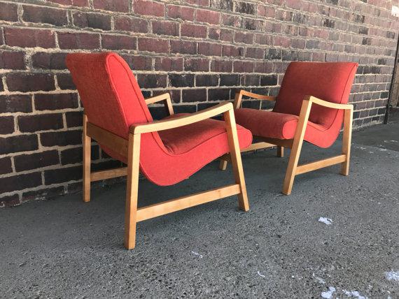 1960s Mid-Century Modern Jens Risom Orange Upholstered Armchairs - a Pair