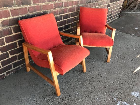 1960s Mid-Century Modern Jens Risom Orange Upholstered Armchairs - a Pair