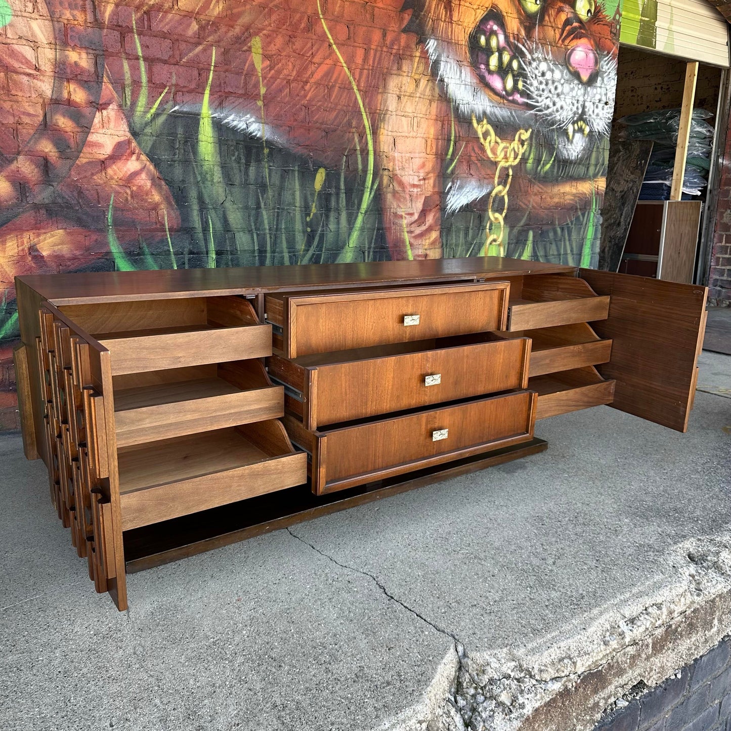 Mid Century Modern Brutalist Walnut Credenza