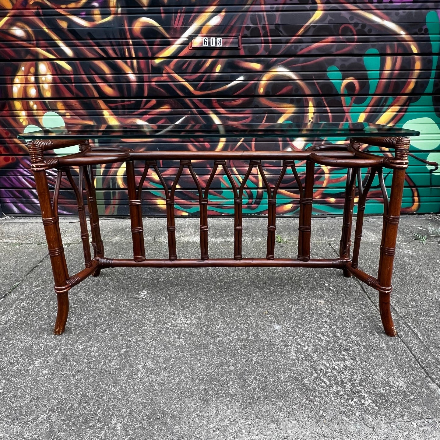 1970s Bamboo Rattan and Glass Console Table