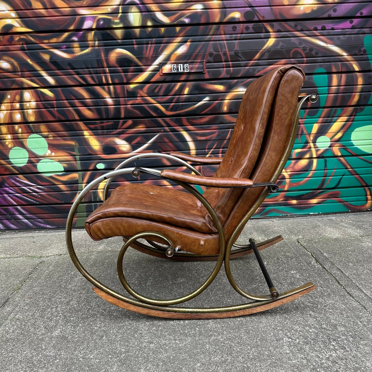 Mid 20th Century Lee Woodard Sculptural Brass and Wood Rocking Chair