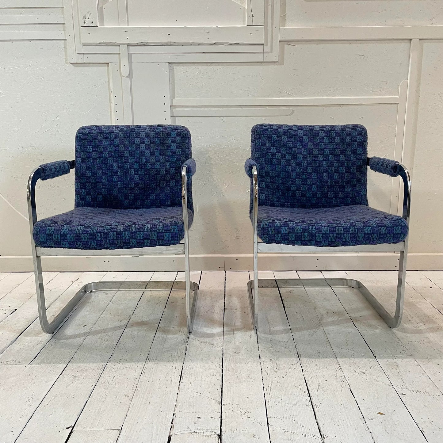 Mid 20th Century Milo Baughman Chrome and Blue Chairs - a Pair