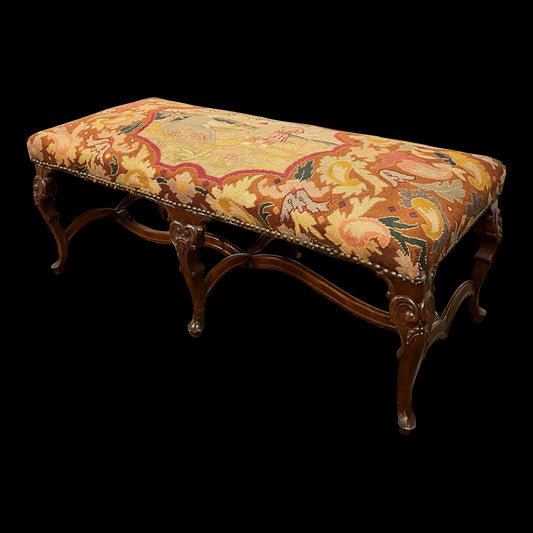 Antique French Style Carved Wood & Needlepoint Tapestry Bench