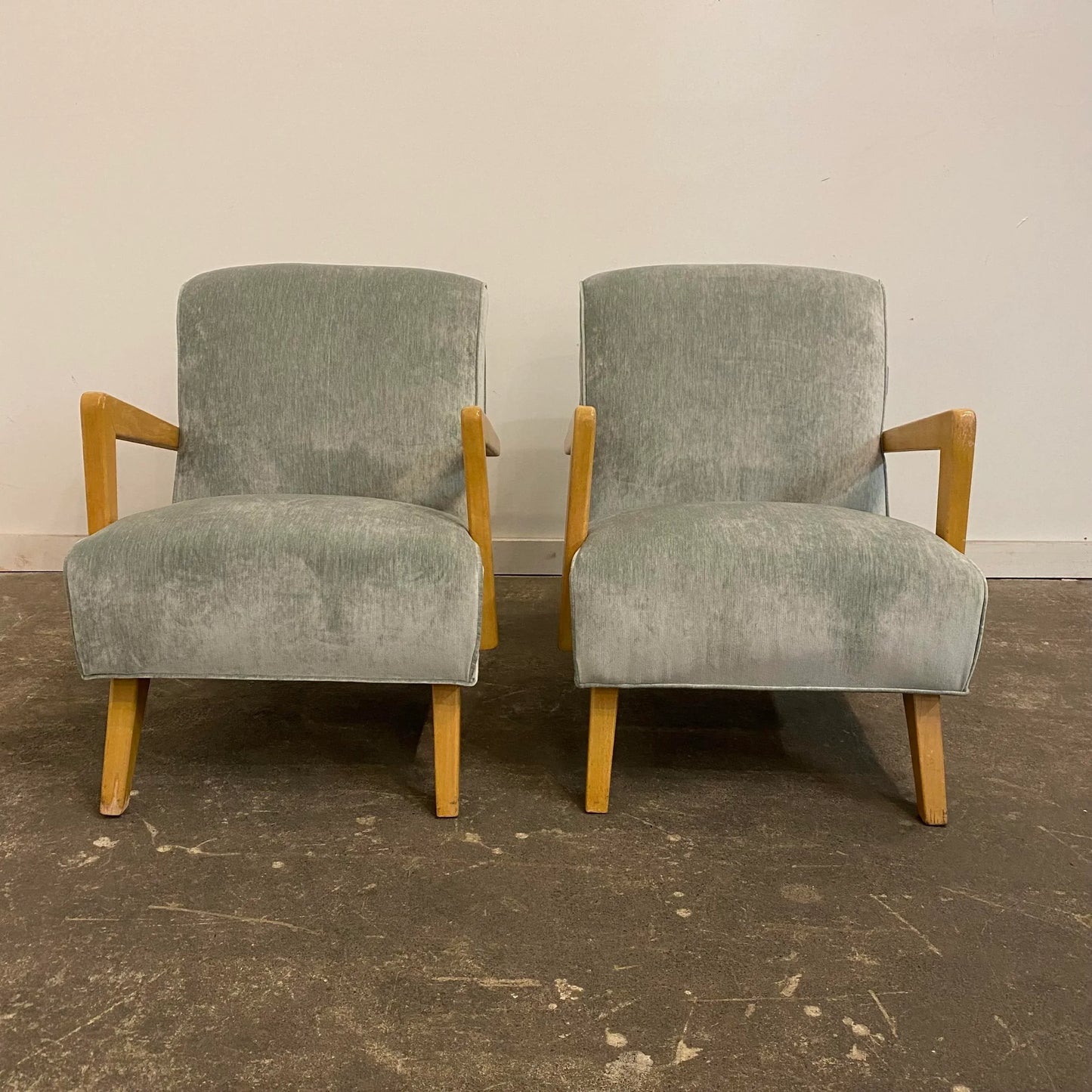 Mid 20th Century Reupholstered Arm Chairs in Teal Velvet