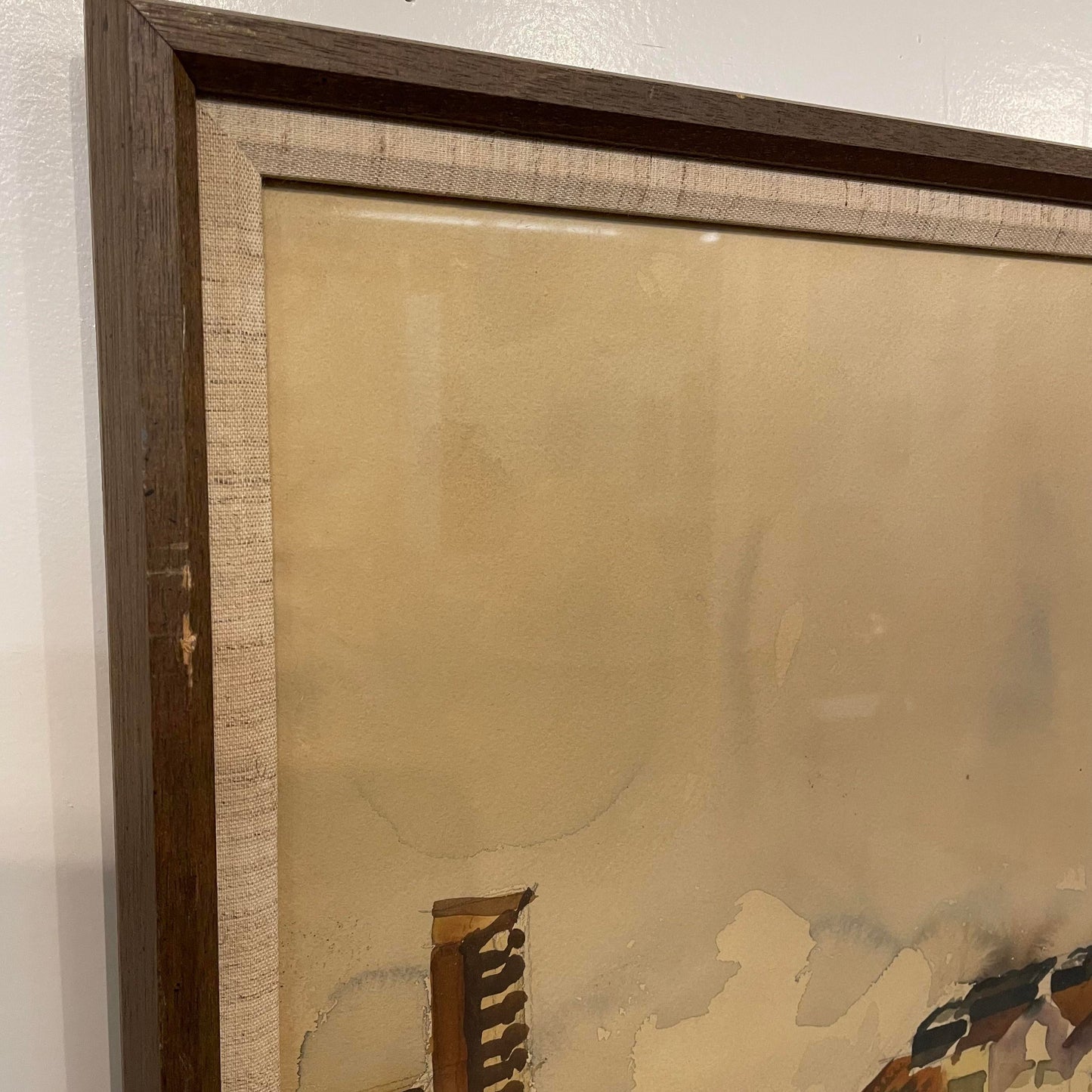 Mid 20th Century Modernist City Scene Watercolor Painting, Framed