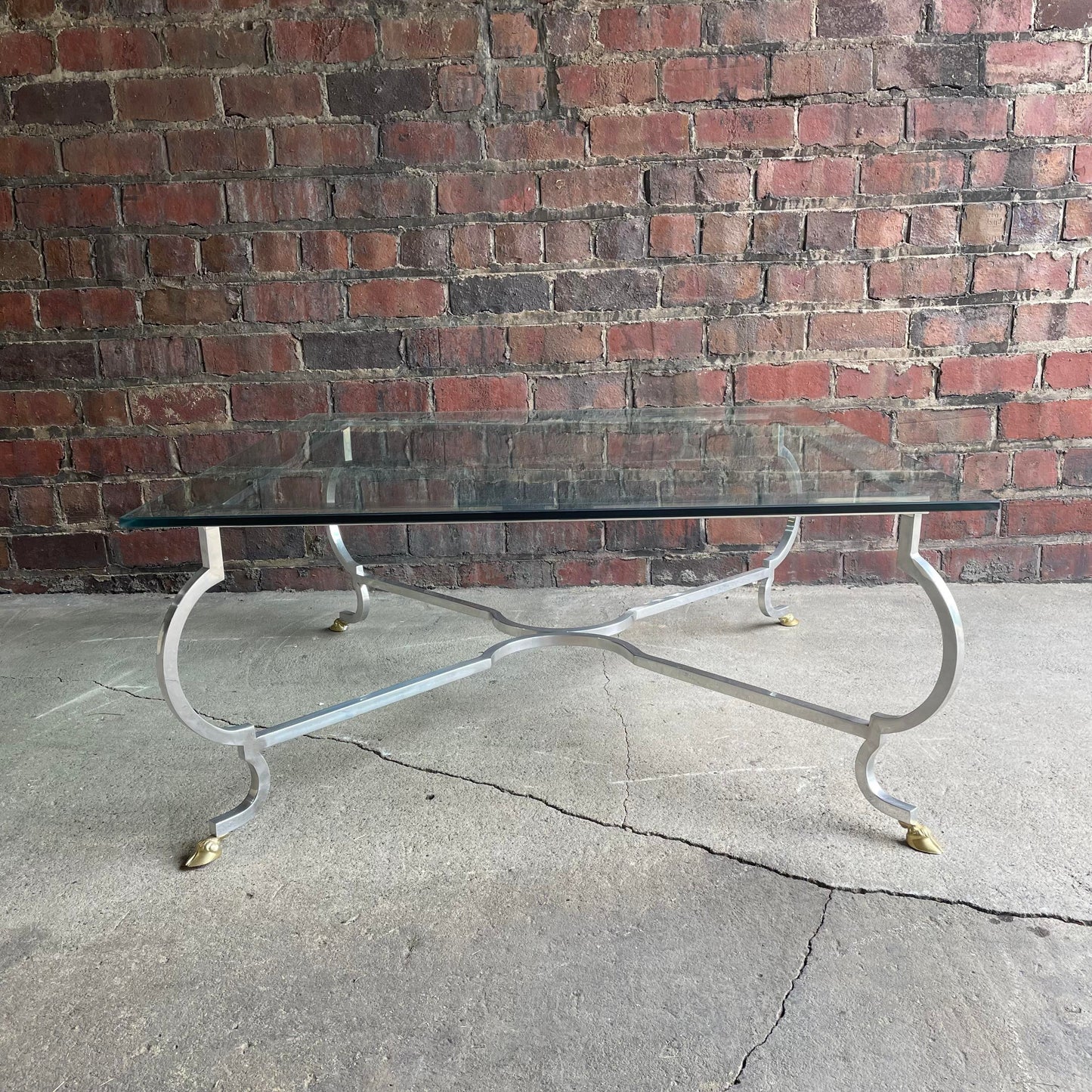 Mid 20th Century Square Chrome and Brass Hoof Base Coffee Table with Glass Top