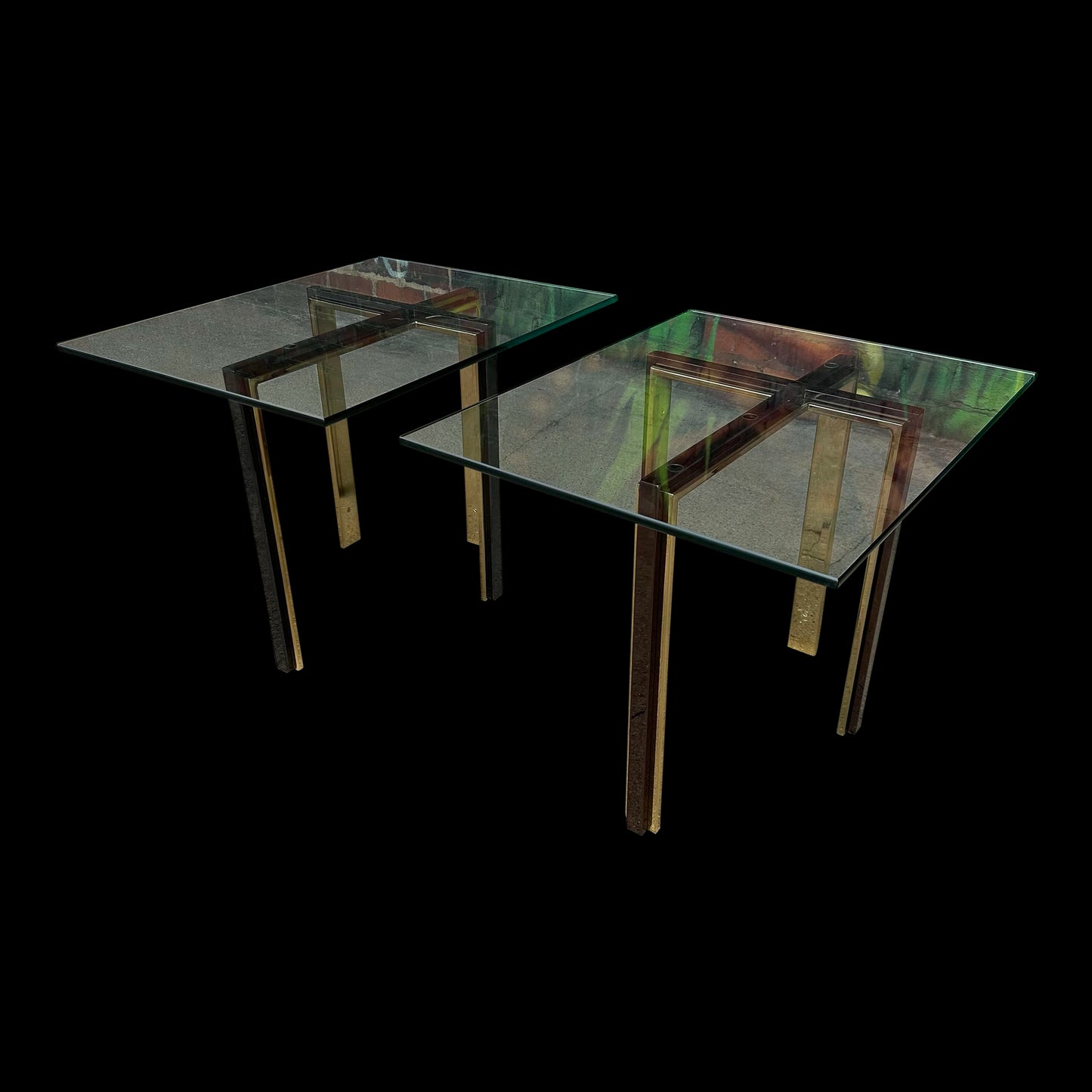 Pair of Glass and Brass and Smoked Chrome Solid Steel Side Tables