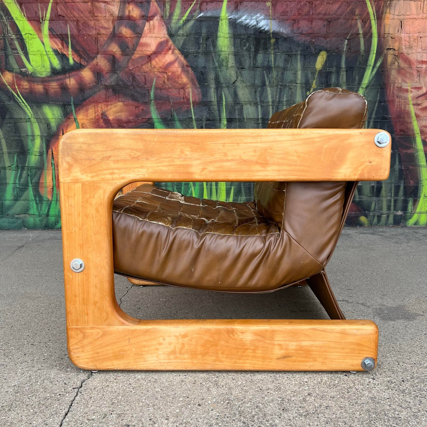 Brown Checkerboard Leather Arm Chair in the Style of Lou Hodges