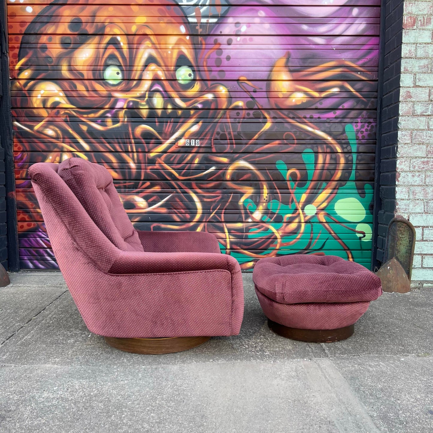 Milo Baughman Style Swivel Lounge Chair With Ottoman