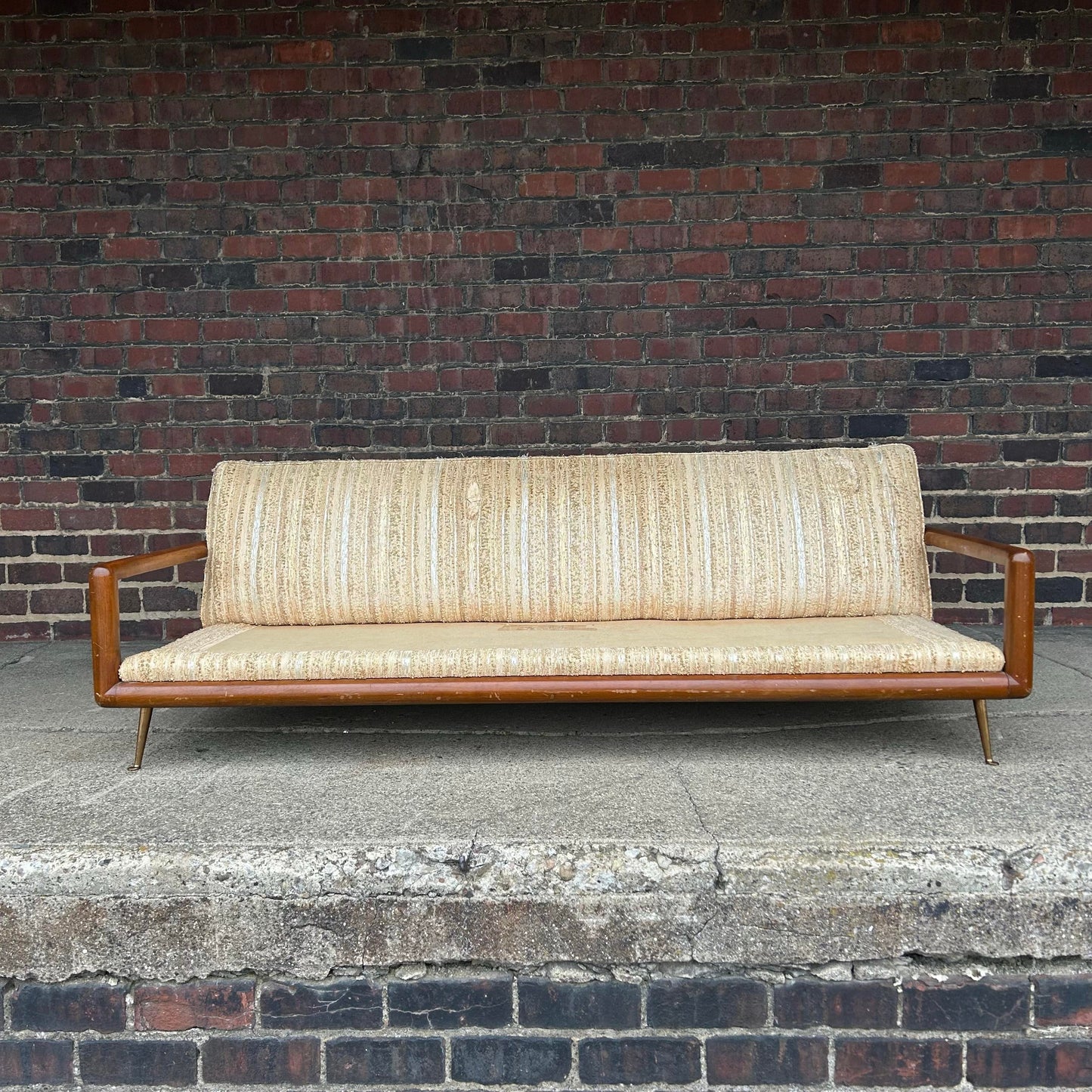 T. H. Robsjohn Gibbings Style Walnut Framed Sofa With Brass Legs