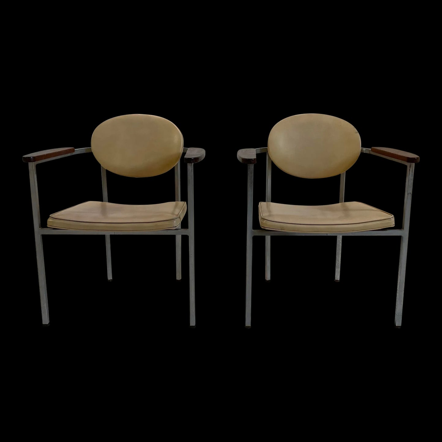 Mid 20th Century Metal Frame Chairs With Wood Arms - a Pair