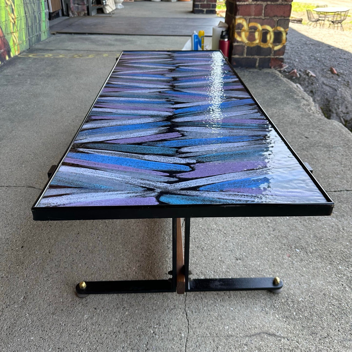 Mid Century Enamel Top Coffee Table Blue and Purple