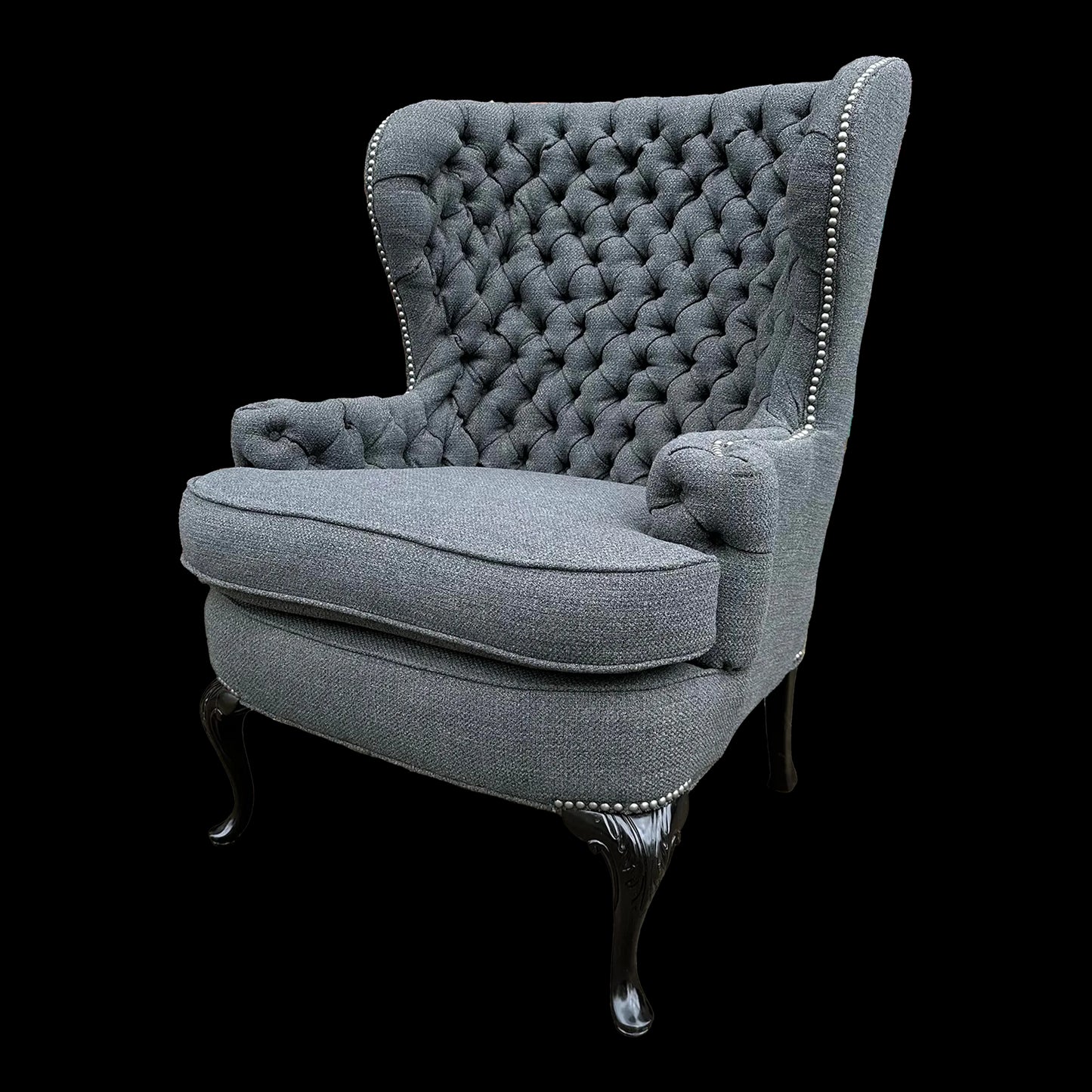 Antique Tufted Tall Winged Back Lounge Chair Reupholstered Nailhead Trim