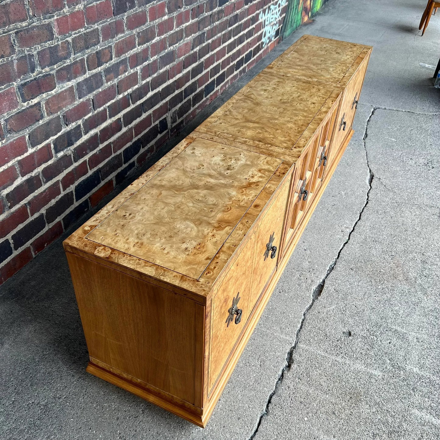 Large Refinished Burlwood Mastercraft Credenza Brass Hardware