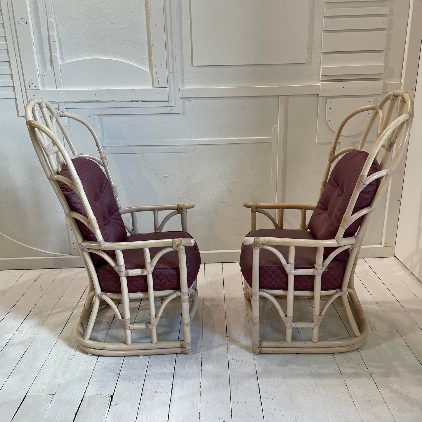 1970s Vintage Tall Back Bamboo Wing Chairs - a Pair