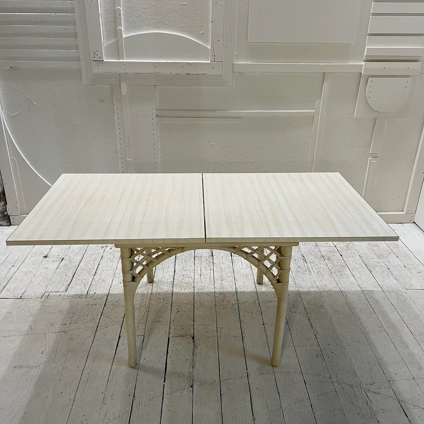 1980s White Rattan Bamboo Table and Chair Set with Flip Top to Expand From Game Size to Dining Table - Set of 5