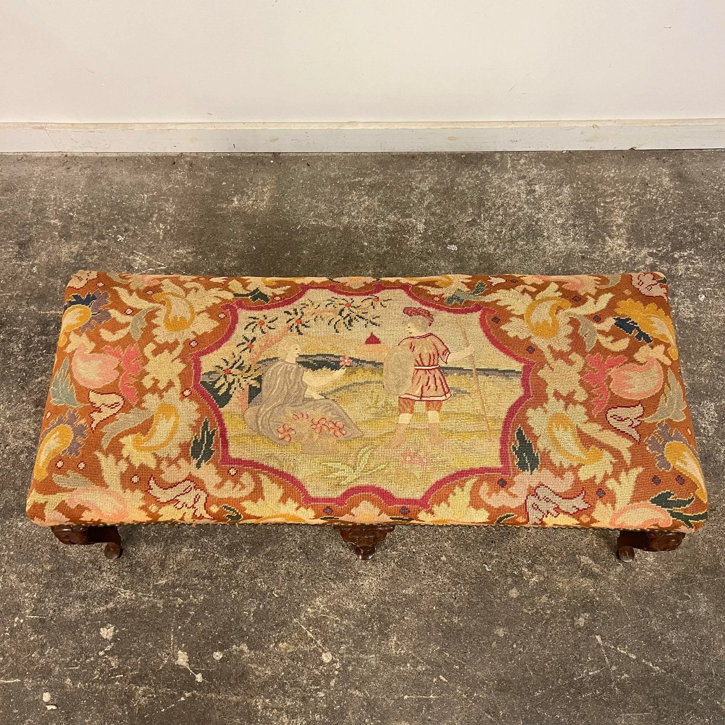 Antique French Style Carved Wood & Needlepoint Tapestry Bench