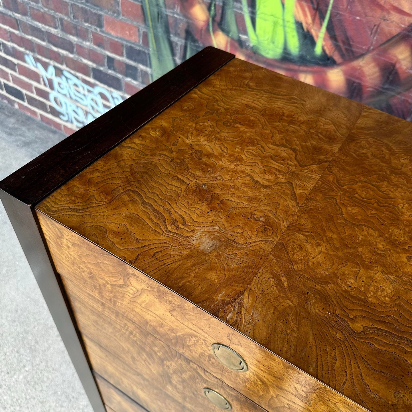 Century Furniture Burlwood and Brass Armoire Highboy Wardrobe Mid Century Modern