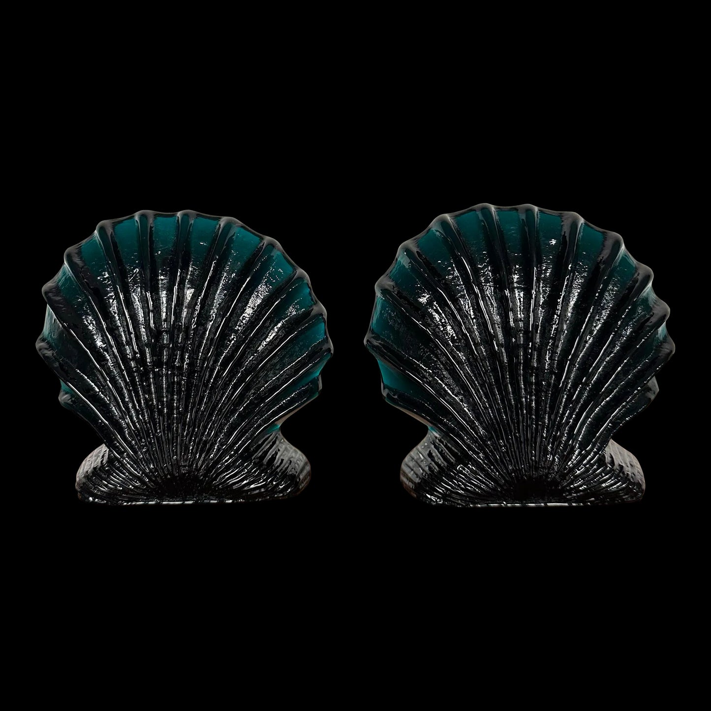 Pair of Blenko Glass Green Teal Clam Shell Bookends