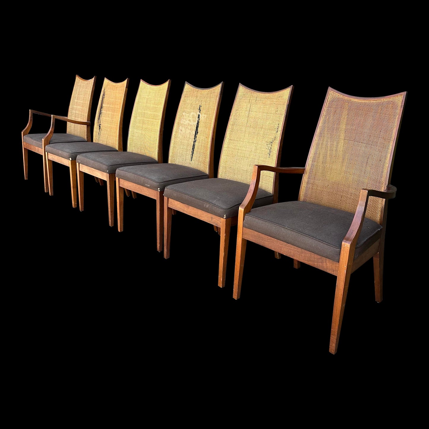 Set of Six John Stuart Walnut and Caned Dining Chairs