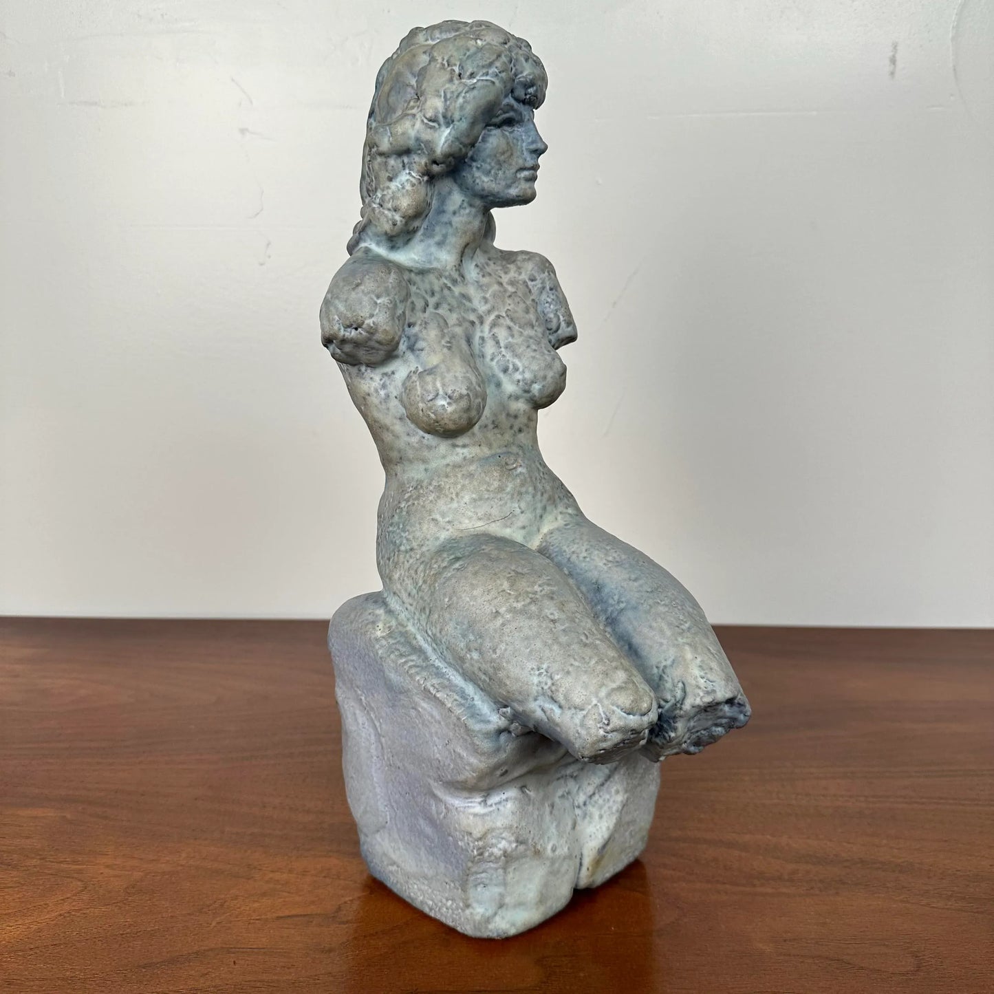Solid Ceramic Nude Sculpture in Blue Glaze Unknown Artist