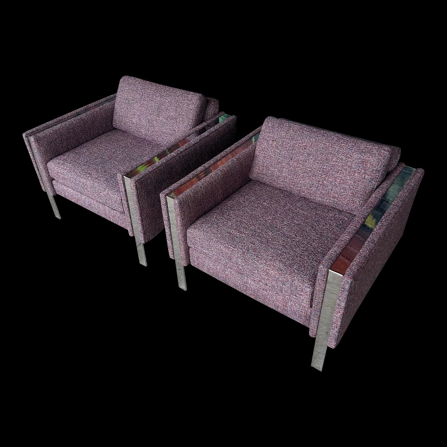 Pair of Chrome Cube Club Chairs Newly Upholstered in a Great Multi Color Texture Fabric