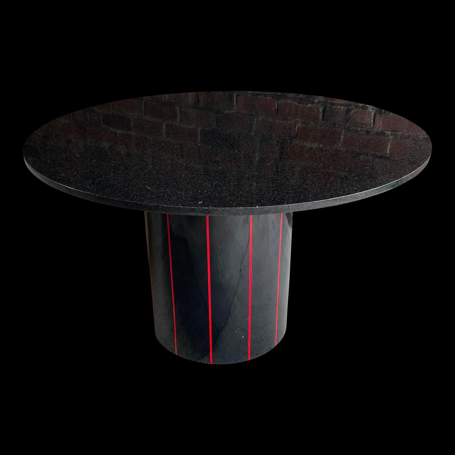 1980s Black Round Stone Table Top With Red Strips on Black Laminate Base Round