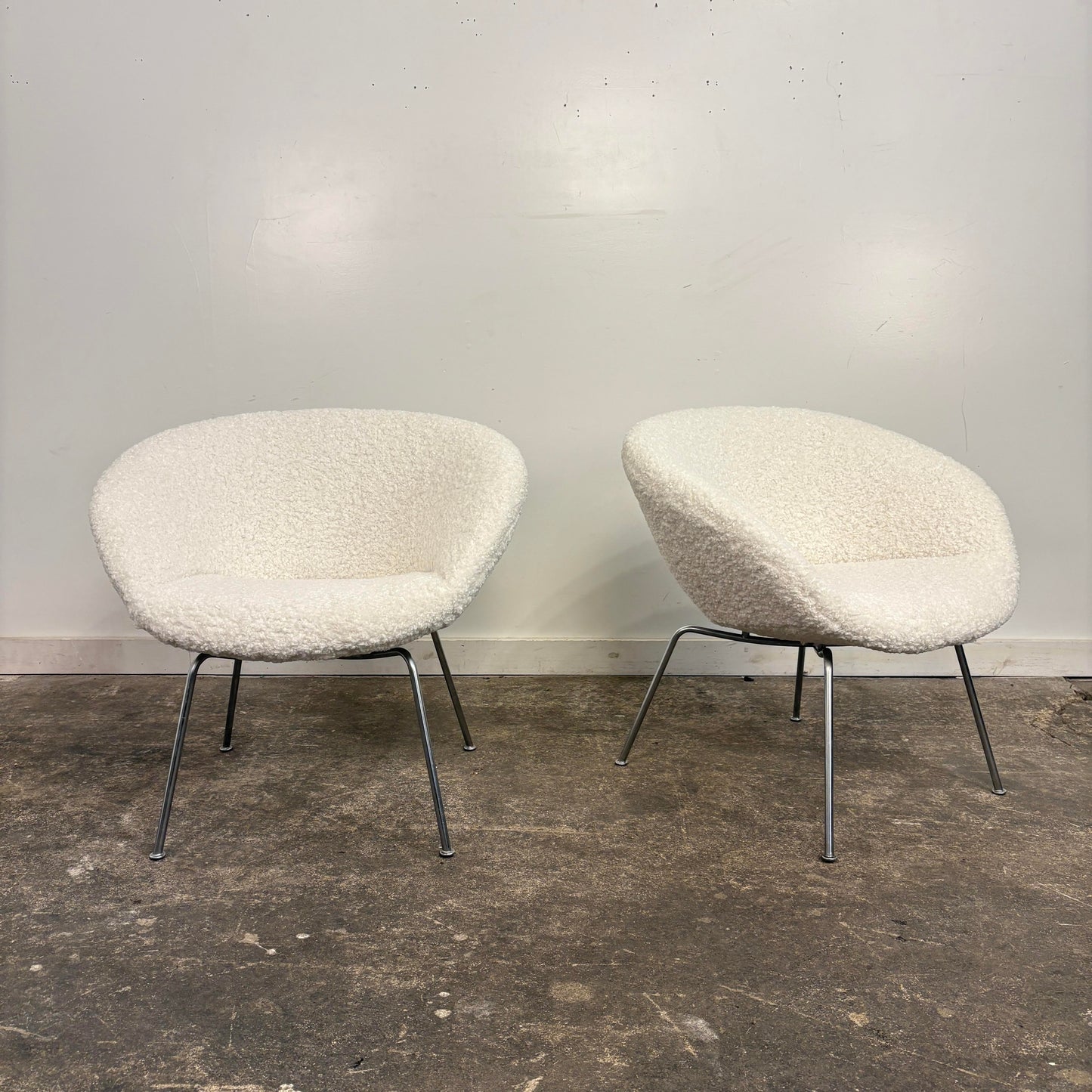 Pair of Arne Jacobsen Pot Chairs Reupholstered in Faux White Shearling